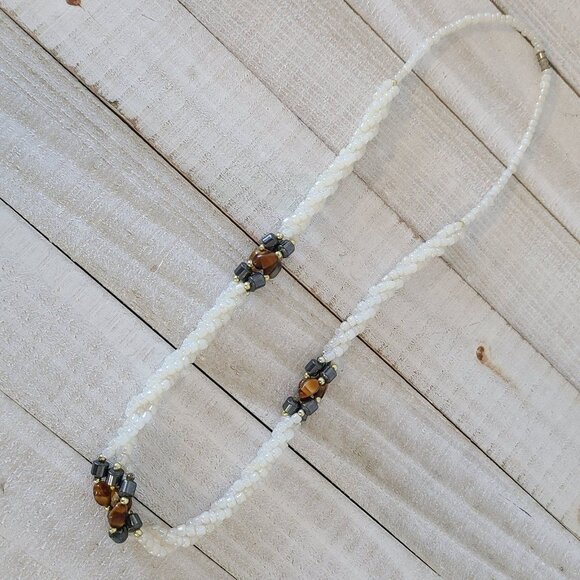 Beaded Necklace Hematite Stone white Irridescent Glass Beads Multi Strand Twist - Picture 6 of 7